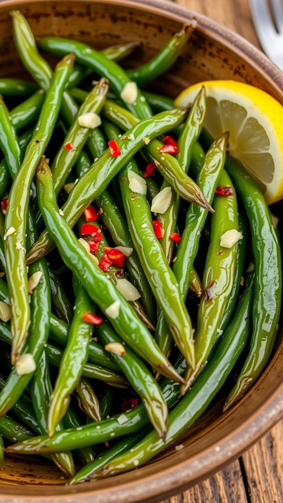 Oven-baked garlic green beans in a rustic bowl with a lemon wedge on a wooden tabletop.